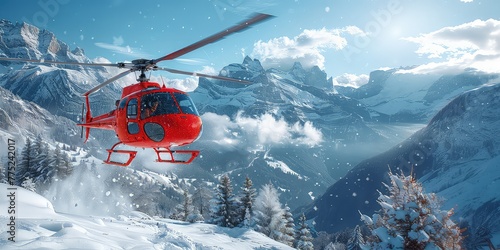 A red rescue helicopter during search and rescue work in the mountains. A helicopter searching for people in mountain forests. Wings of rescue in action.