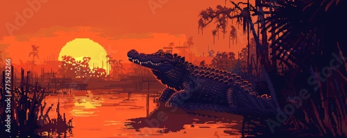 Pixel art of an alligator at sunset photo