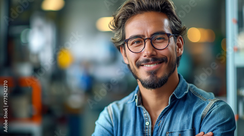 Man wearing glasses working as engineer scientist technology research, portrait photo, blur background, Gen AI