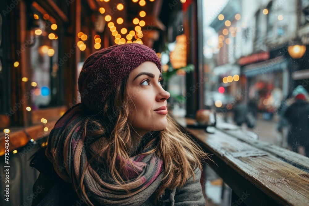 Beautiful young woman in a knitted hat and scarf looking away while standing at a cafe terrace.