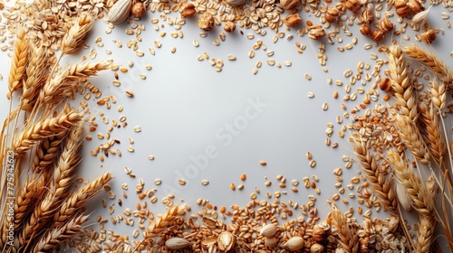 An AI-created image depicting a picture frame of neatly arranged grains and cereals, against a pure white backdrop, where the golden and earthy tones shine through in minimalistic elegance