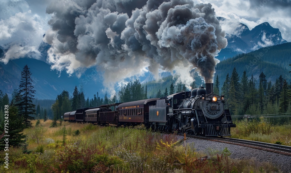 Fototapeta premium black steam locomotive pulling a chain of vintage carriages through a stunning autumnal mountain landscape with vibrant trees and a snowy peak