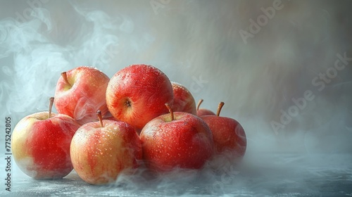 An AI-crafted image displaying a small, delicately arranged selection of steaming apples and pears in the lower left corner, against a stark white backdrop. 