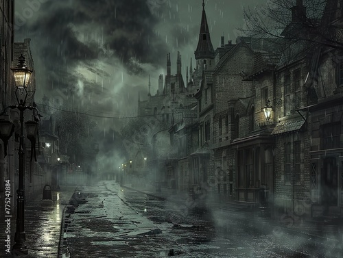 A gloomy street in a deserted town with eerie shadows