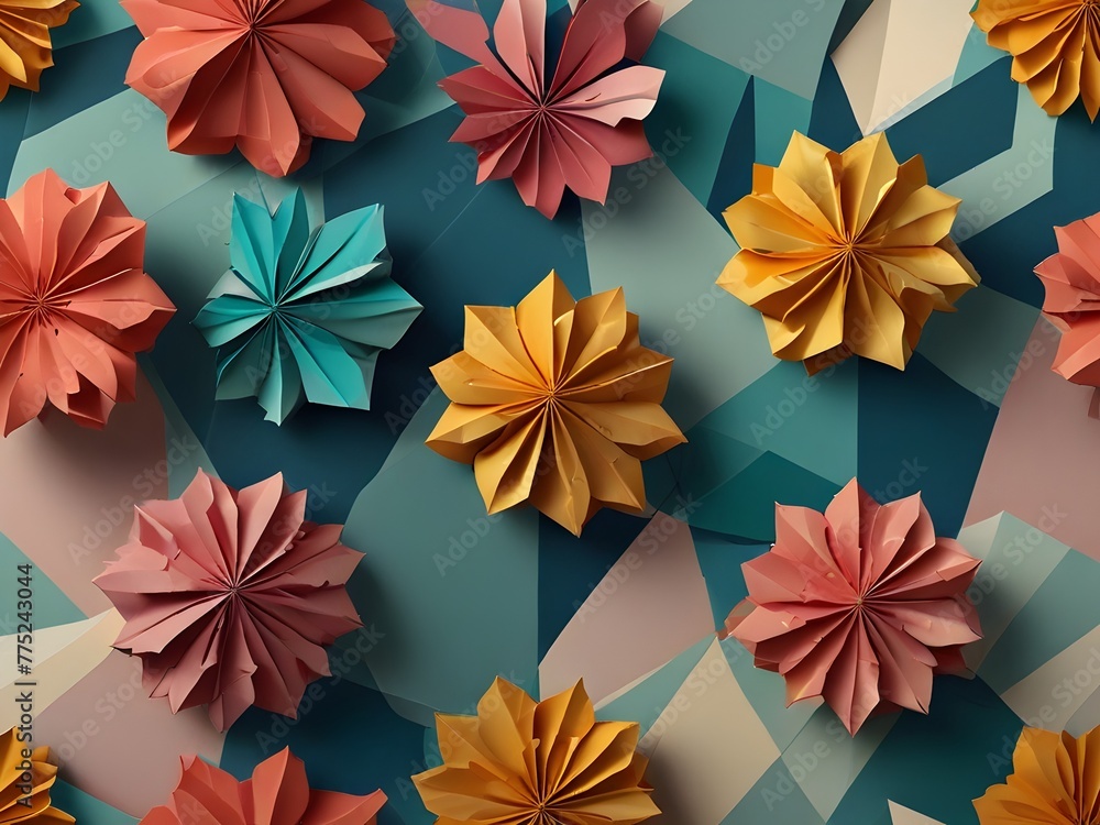 A seamless pattern of geometric, origami-inspired flowers in a modern, crisp design, generative AI A seamless pattern of geometric, origami-inspired flowers in a modern, crisp design, generative AI