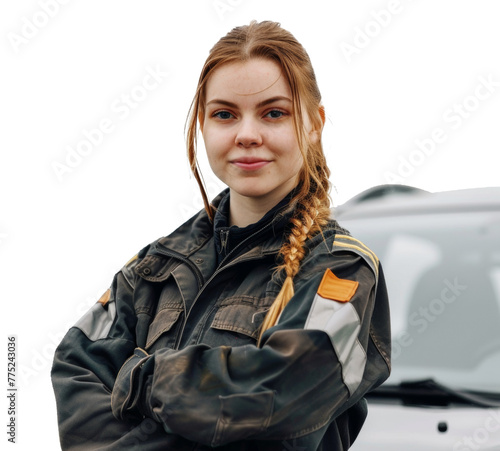 Confident woman mechanic in professional attire, breaking stereotypes isolated on transparent background