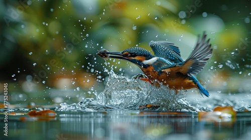 High speed action kingfisher diving in pond, vivid blue flash, water splash, hyperrealistic detail