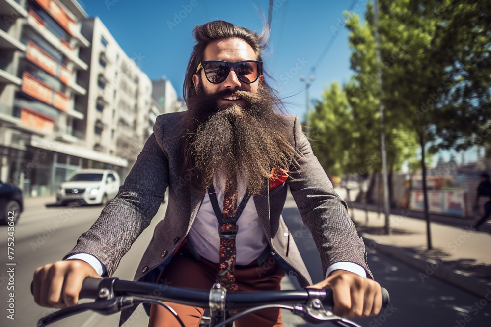 A beautiful young adult of Mongolian hipster man riding his bicycle to work, a frontside portrait of a guy commuting on a bicycle on a sunny day in an urban street at mid-day 
