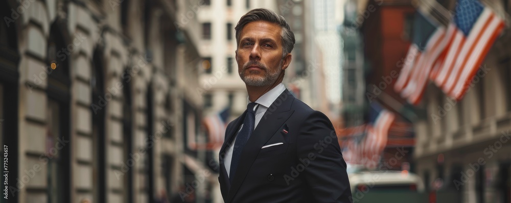 Well-dressed man in a suit walks with purpose on a New York City street