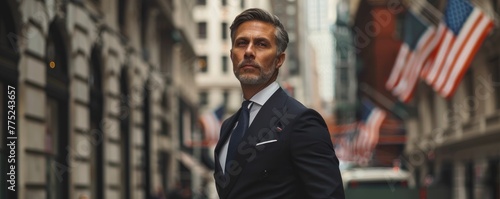 Obraz na płótnie Well-dressed man in a suit walks with purpose on a New York City street w salonie