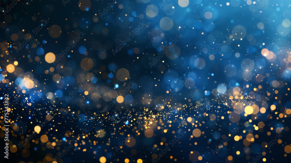 Obraz premium Abstract Background with Dark Blue and Gold particle. Christmas Golden light shine particles bokeh on navy blue background. Gold foil texture. Holiday concept.
