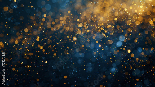 Abstract Background with Dark Blue and Gold particle. Christmas Golden light shine particles bokeh on navy blue background. Gold foil texture. Holiday concept. photo