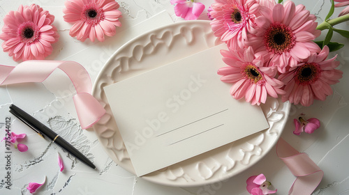 White Plate With Pink Flowers and Paper