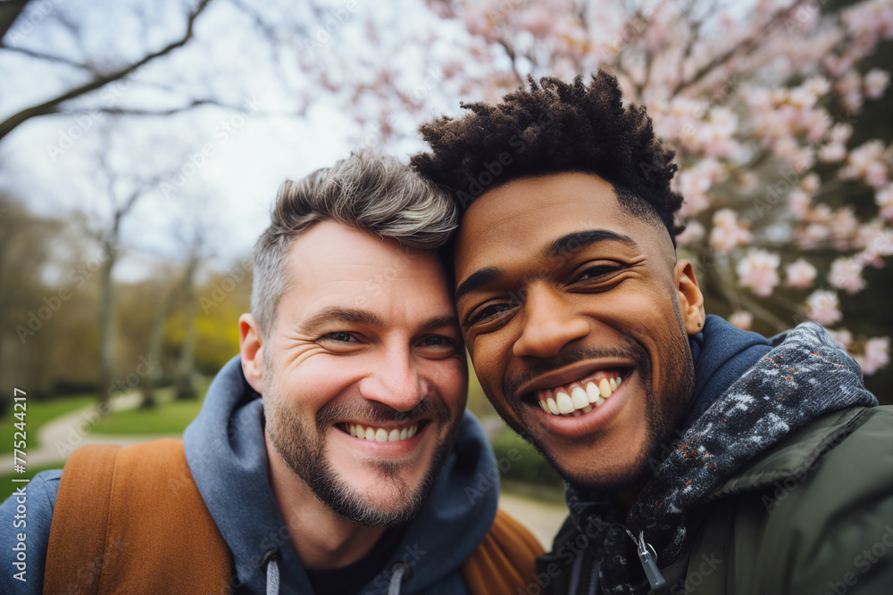 Fototapeta premium Happy people enjoying beautiful spring day park trees blossom city view Generative AI illustration