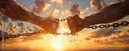Two hands breaking a steel chains against a dramatic sunset backdrop portrays a powerful message of freedom and liberation. photo