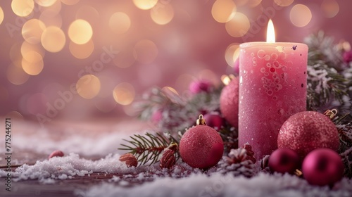 Lit Candle Surrounded by Christmas Decorations