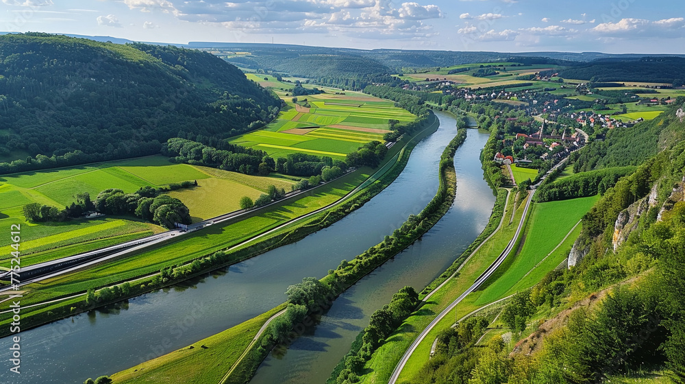 Areal view on Neckar river winding its way through a green valley, AI Generative.
