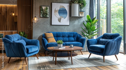 Modern Living Room With Blue Couches and Chairs