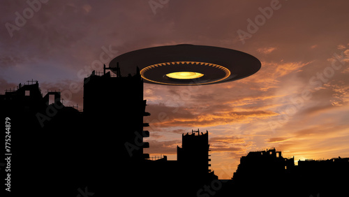 3d rendering-Large Alien saucer UFO above destroyed city, Timelapse mode
Alien invasion sci-fi concept,4K, 2024
