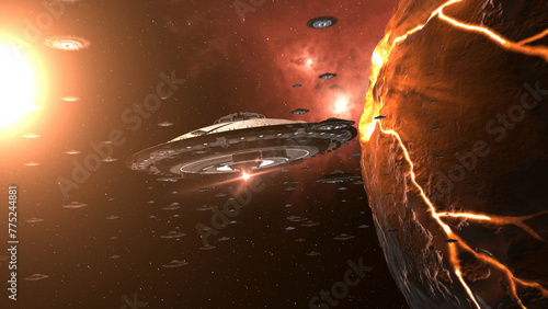 3d rendering-Many ufo's flying toward mothership near dead star
Alien sci-fi concept,4K, 2024, outer space view
