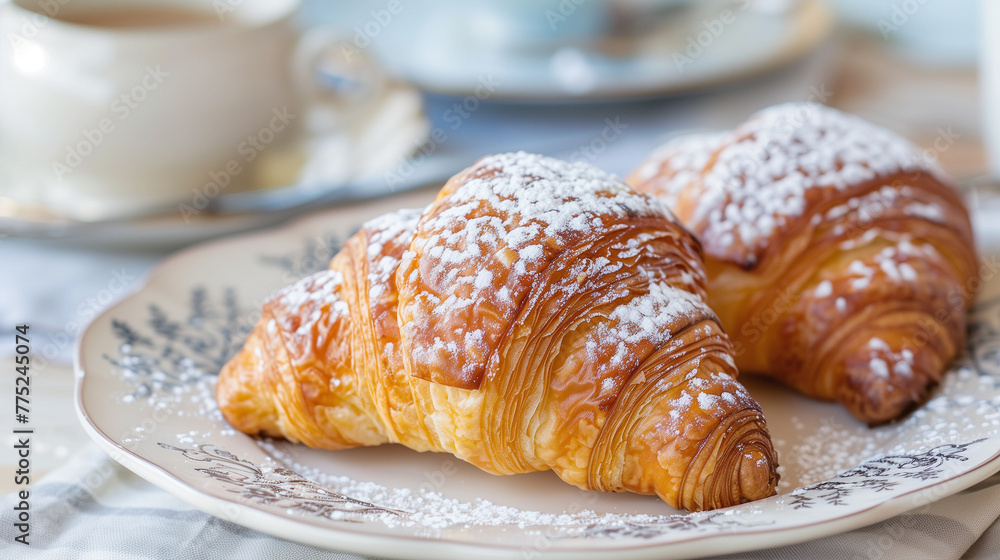 Croissants with powdered sugar on a plate