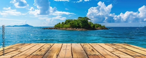 Tranquil scenery of a sparkling blue sea from a warm wooden dock, showing a clear sky, lush green trees, and distant ocean islands. copy space for text. banner.