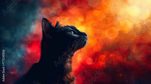 Silhouette of a black cat against a vibrant bokeh background