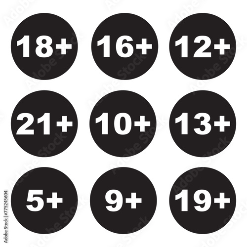 Movie age limit sign set, adults content only age restriction vector illustration.  Age restriction sign. 11:11