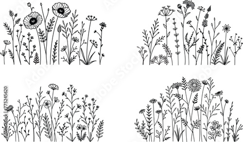 A set of wildflower meadows with editable stroke thickness. Illustration Vector.
