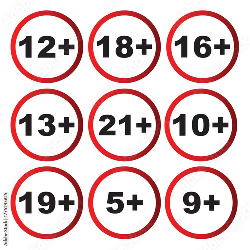 Age restriction icon set. Age limit icon. Adults content only age restriction 12, 14, 16, 10, 19, 5, 9, plus years old icon. Adults content sign. Set of age limit signs. 11:11  photo