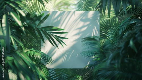 White frame on a background of tropical green leaves with space for text  invitation or banner.