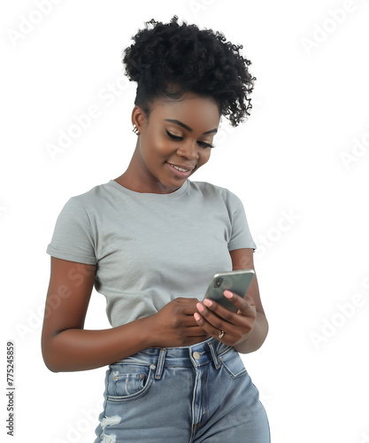 A young black woman holding a cellphone, she is smiling while looking at the phone screen, isolated on transparent background photo