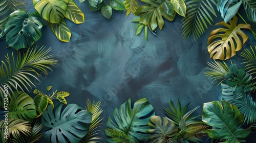 Group of Green Leaves on Blue Background