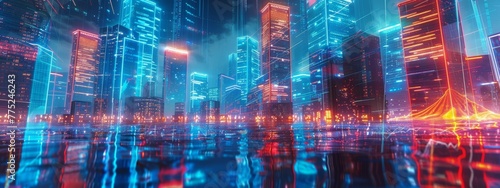 A nocturnal cityscape featuring towering neon-lit buildings and holographic displays reflecting off translucent glass structures in a cyberpunk world. photo