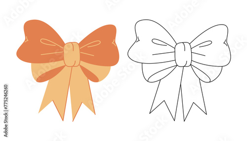 Doodle voluminous hair bows. Colored, black and white vector illustration.