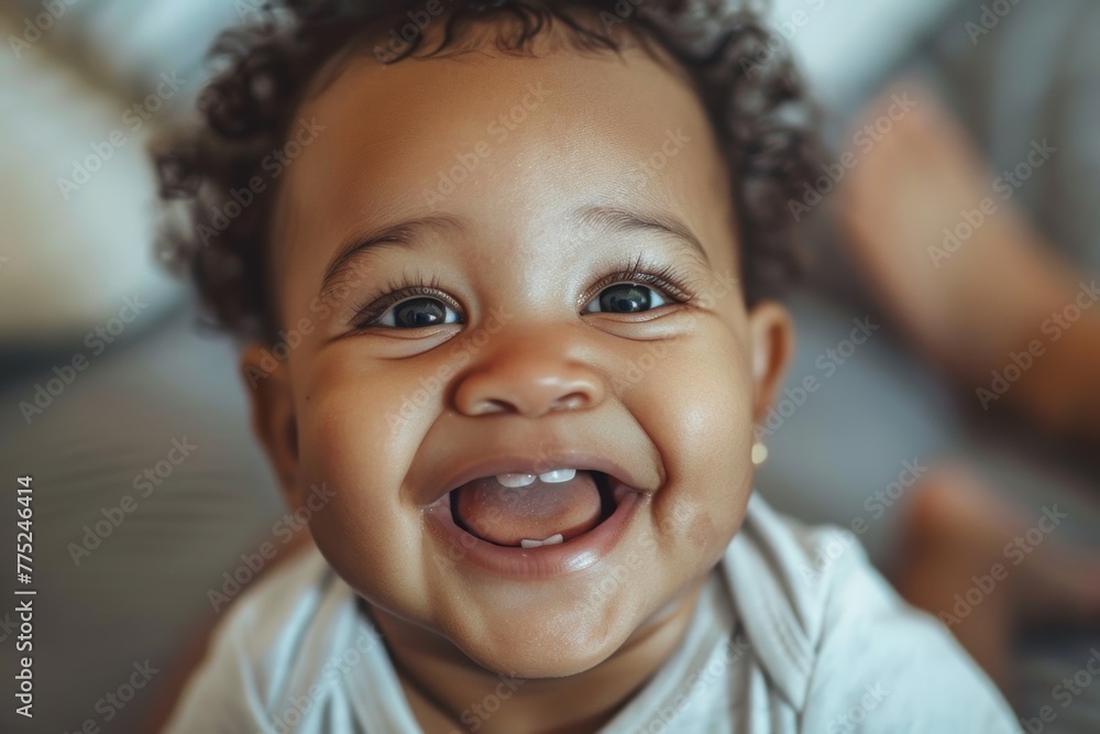 A close-up image of a smiling infant, captivating with tenderness and joy A close-up image of a smiling infant, captivating with tenderness and joy
