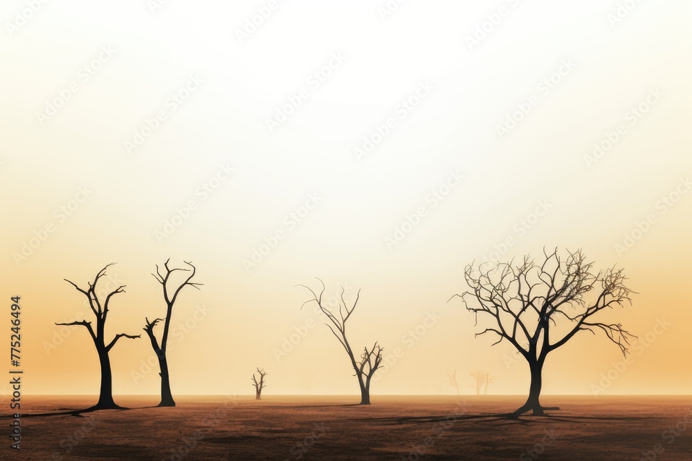 Silhouettes of lifeless trees stand under a hazy sky in a deserted landscape, evoking a sense of desolation. Silhouetted Bare Trees in Hazy Desert