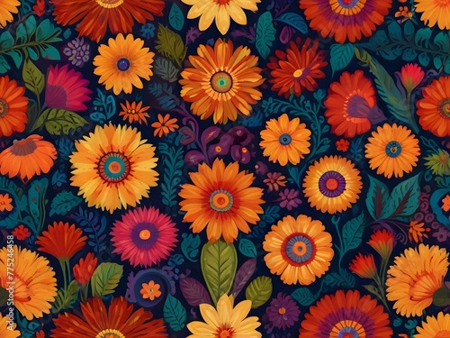 A seamless pattern of vibrant  carnival-inspired flowers in a festive  colorful mix  generative AI