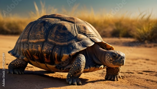 A detailed tortoise in arid conditions, on dry soil with tufts of grass, under a clear, bright sky suggesting midday   © solom