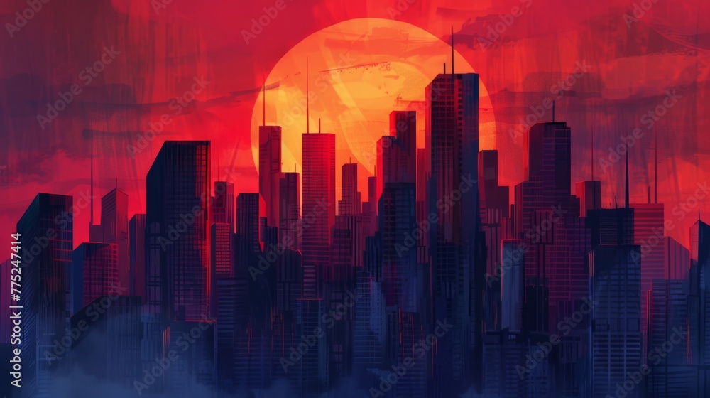 Futuristic city skyline at sunset with digital art style