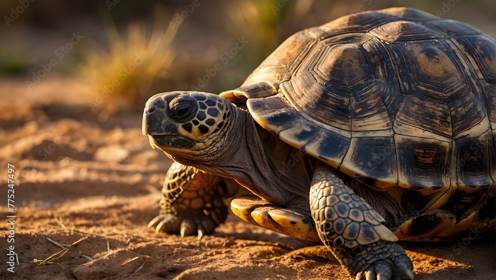 A detailed tortoise crawls on sandy ground amidst sparse vegetation, bathed in the warm, golden light of the setting sun
A detailed tortoise crawls on sandy ground amidst sparse vegetation, bathed in the warm, golden light of the setting sun