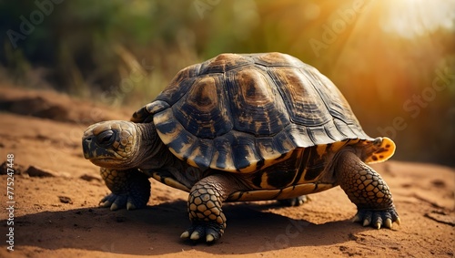 A sunlit tortoise on soil, surrounded by greenery. Its detailed shell and skin texture are visible, evoking a sense of calm   © solom