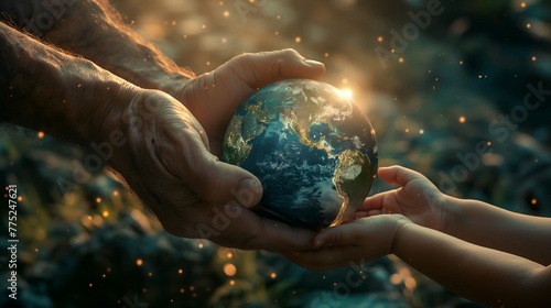 Close-Up of Senior Hands Gifting Planet Earth to Child Against Soft Dark Background
