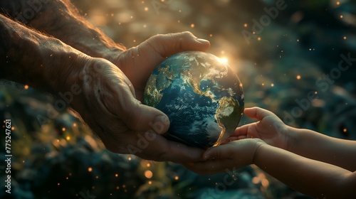 Fototapeta Naklejka Na Ścianę i Meble -  Close-Up of Senior Hands Gifting Planet Earth to Child Against Soft Dark Background