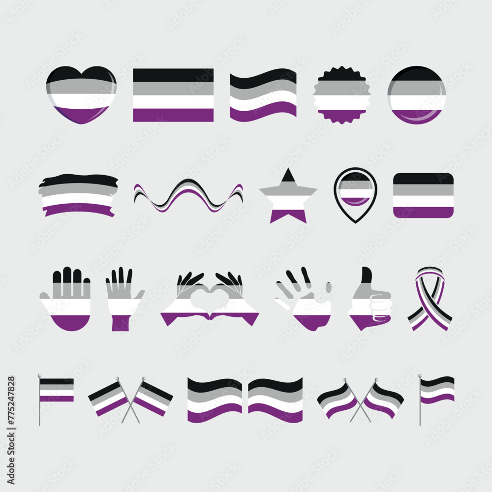 Asexuality pride flag and symbols many icon set vector. Asexuality pride flag graphic design element isolated on a gray background. Asexual icons in flat style Asexuality pride flag and symbols many icon set vector. Asexuality pride flag graphic design element isolated on a gray background. Asexual icons in flat style