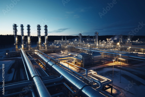 Aerial view of pipeline and pipe rack of industrial plant or industrial refinery factor with a clear sky at night  in a forest environment the future of energy 