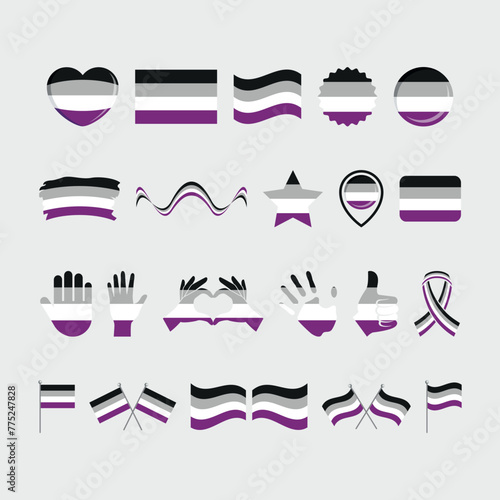 Asexuality pride flag and symbols many icon set vector. Asexuality pride flag graphic design element isolated on a gray background. Asexual icons in flat style