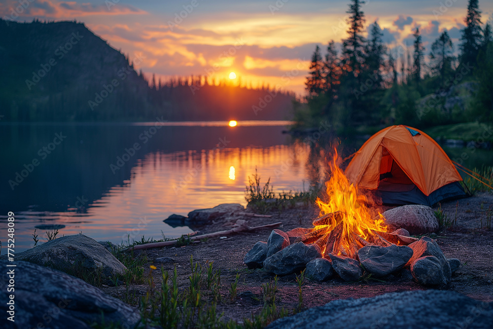 bonfire and tourist tent on the shore of a picturesque lake on the sunset - obrazy, fototapety, plakaty 
