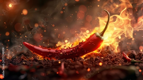 Hot chilli pepper on the ground with fire and smoke background