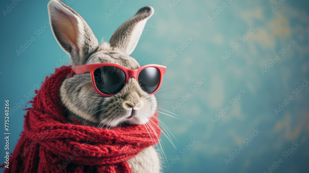 Rabbit wearing sunglasses and red scarf